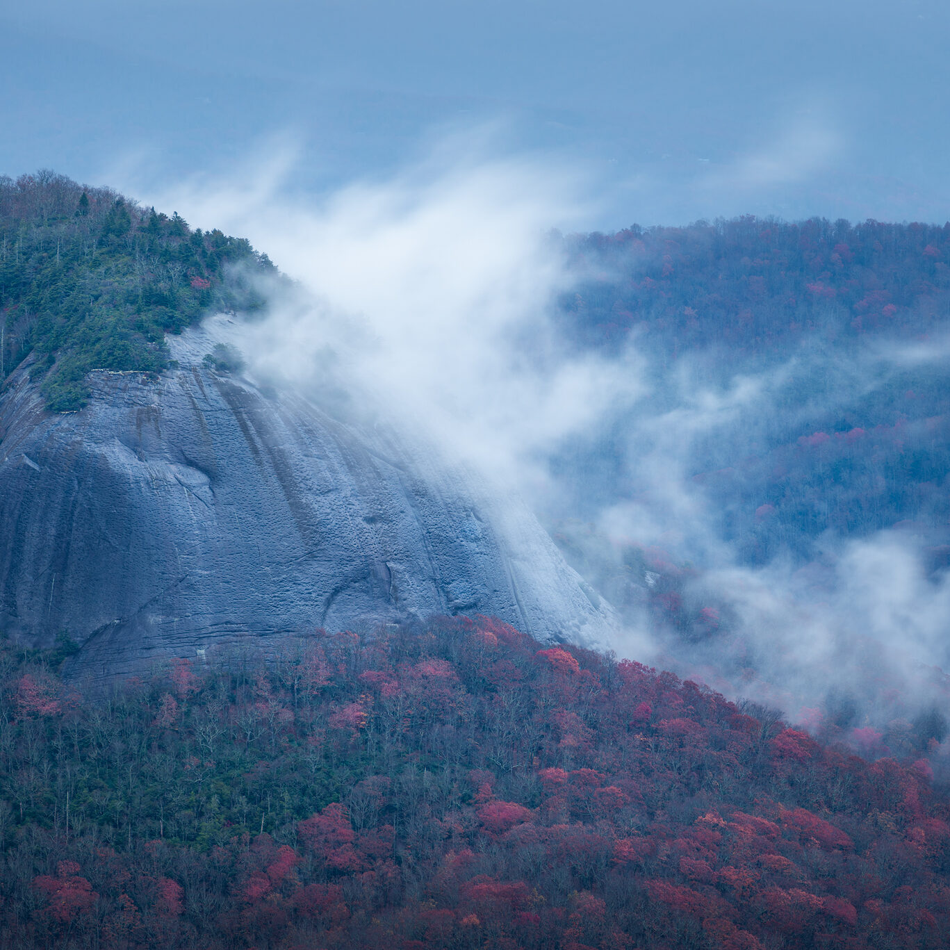 Clearing fog from overnight rains drifts off the great face of Looking Glass Rock in Pisgah National Forest.