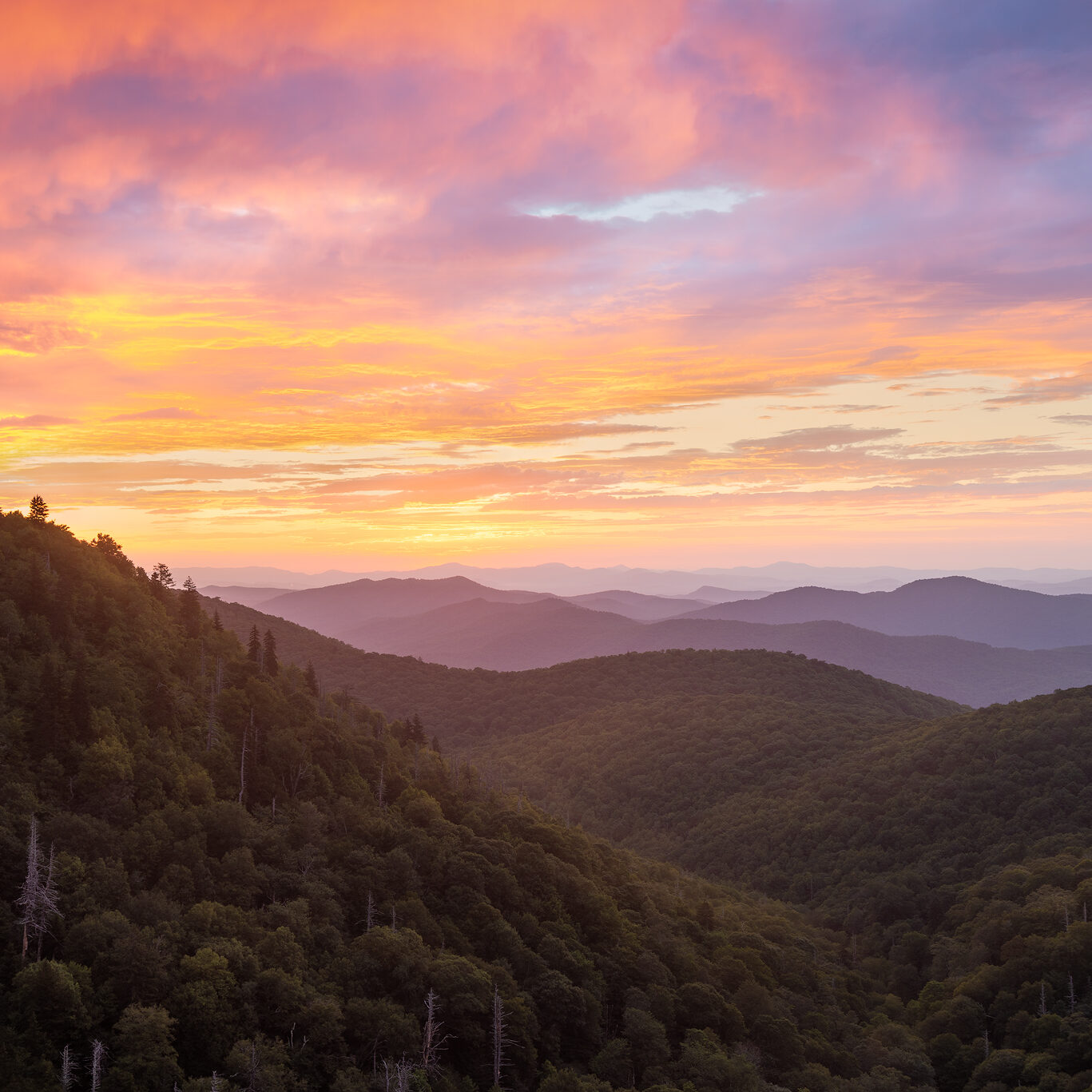 I fiery sunrise above the mountains of Southern Appalachia near Graveyard Fields and Asheville, North Carolina